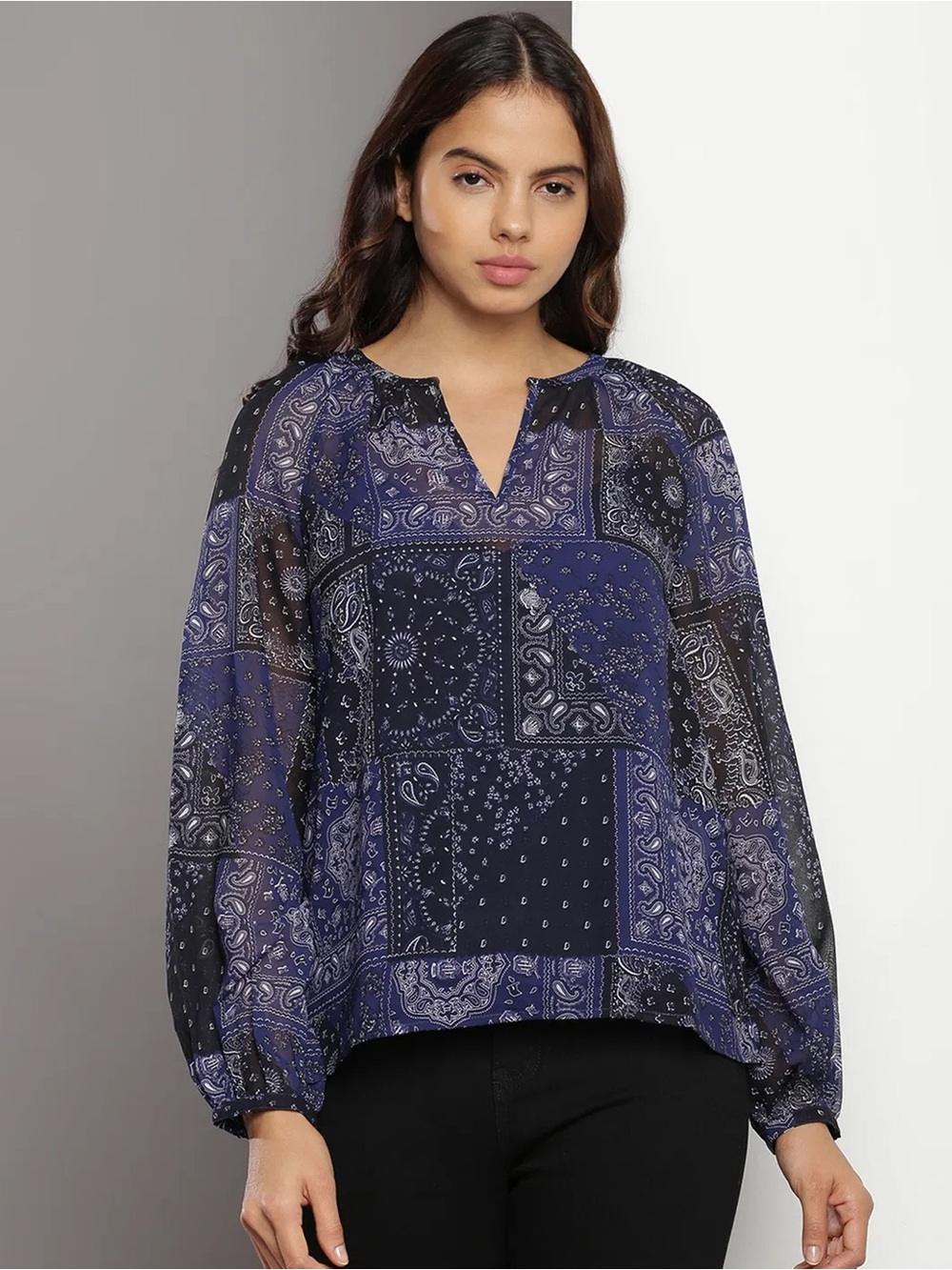 Tommy Hilfiger Paisley Bandana Print Patchwork Split-Neck Semi-Sheer Blouse SM